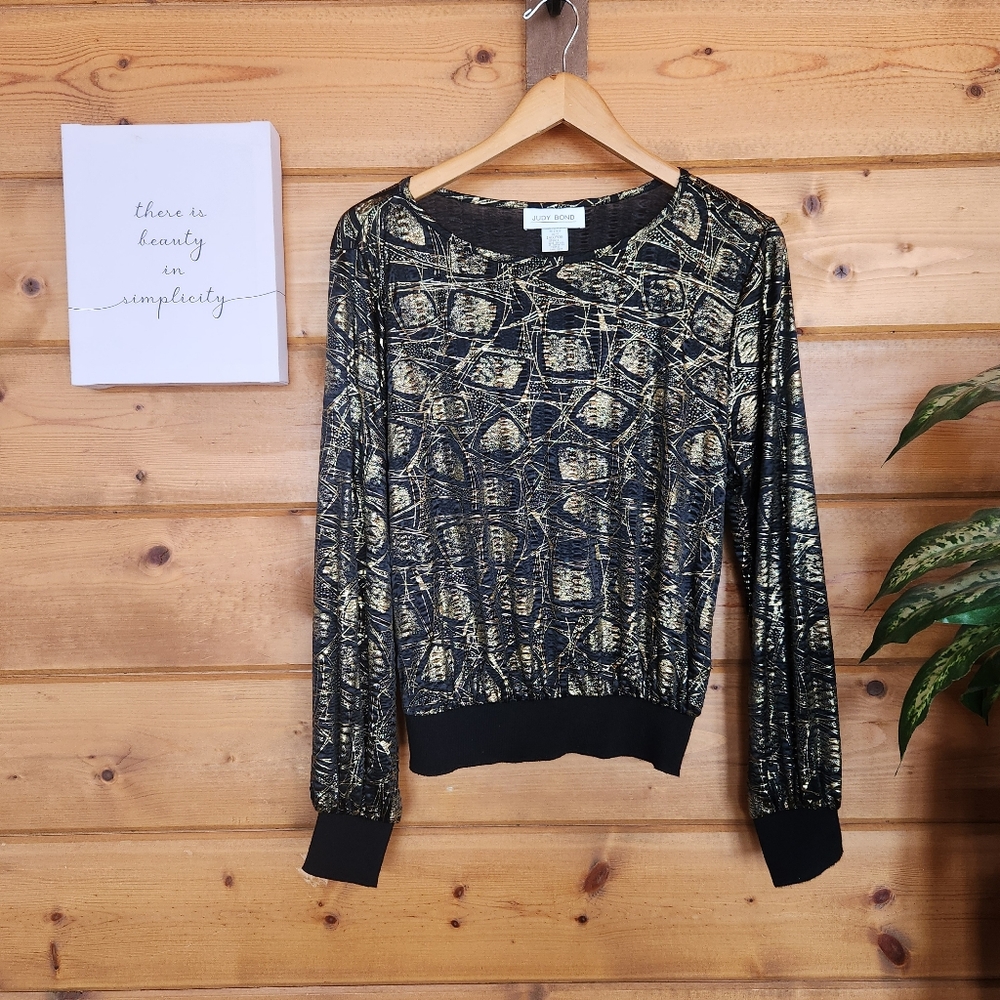 Judy Bond Vintage Black Gold Metallic Foil Top Stretch Blouse Pleated Shirt Sz S